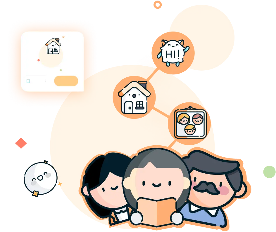 Cartoon illustration of a family reading together, surrounded by icons of a house, a cat saying "Hi!", and a family portrait. 